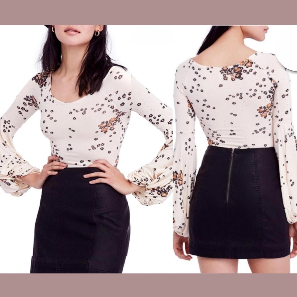 NWT Free People [ Small ] To The Tropics‎ Blouson Sleeve Top in Tea Combo